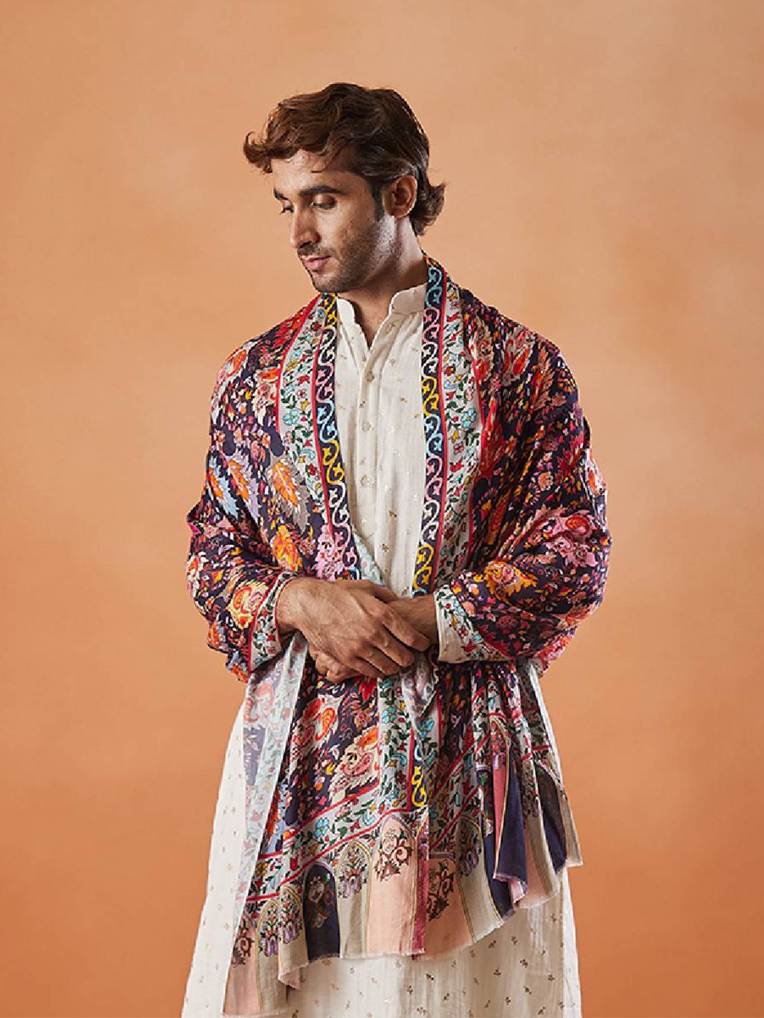 

Pashmoda Men Floral Printed Stole, Navy blue