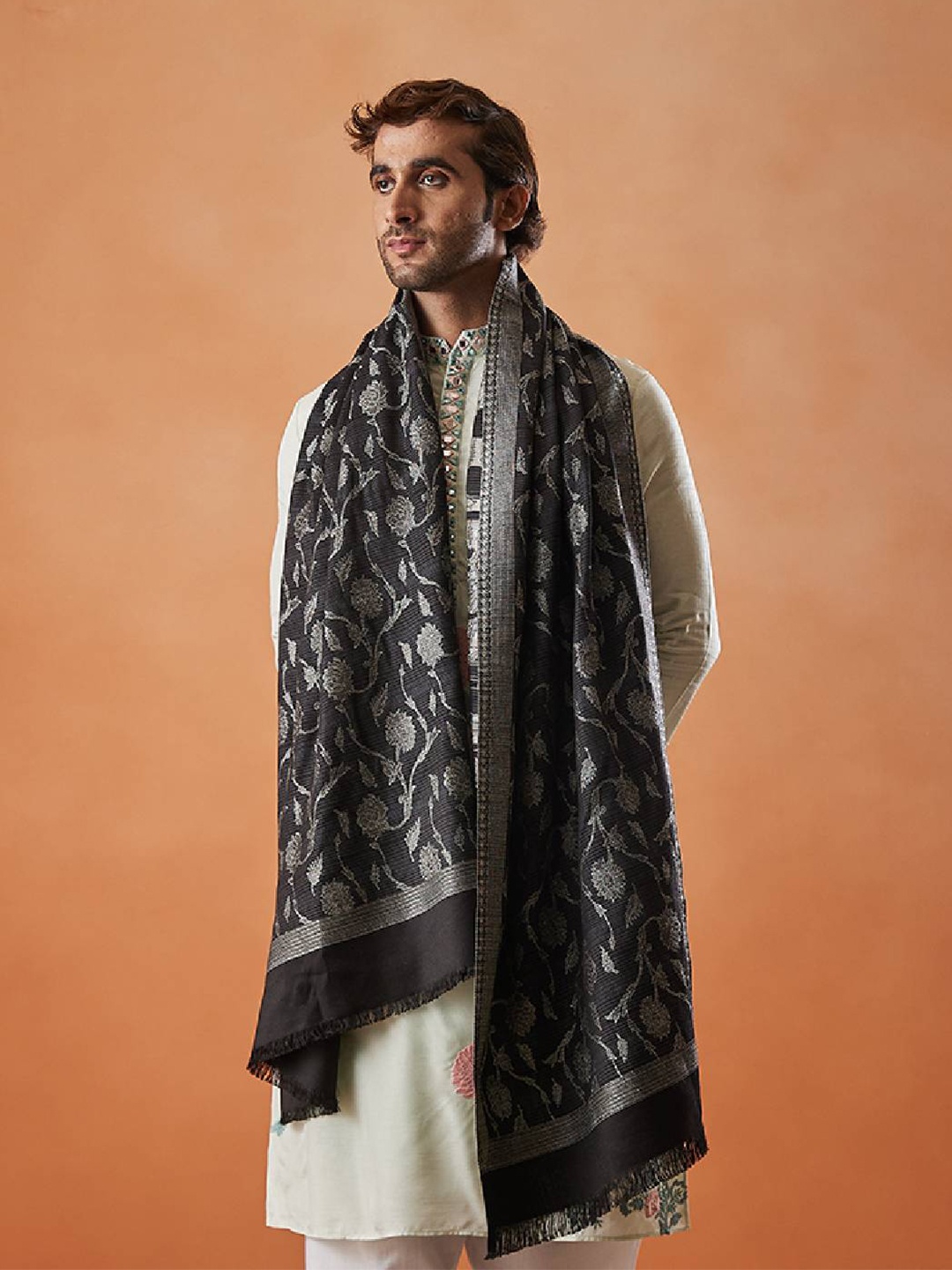

Pashmoda Men Floral Woven Design Stole, Black