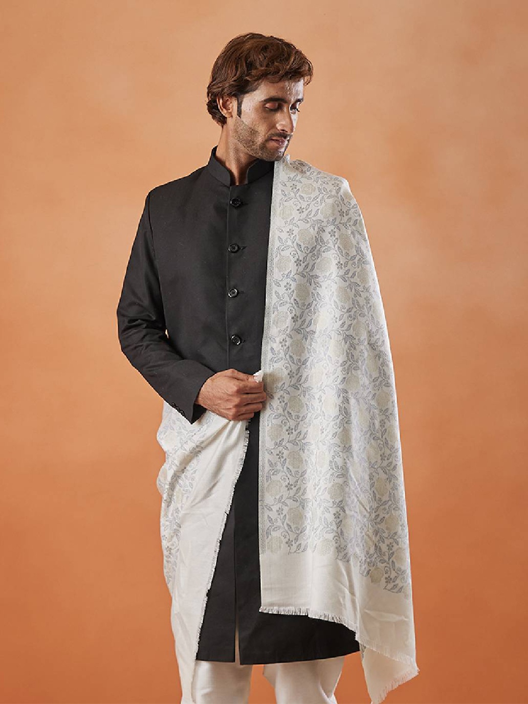 

Pashmoda Men Floral Woven Design Stole, White