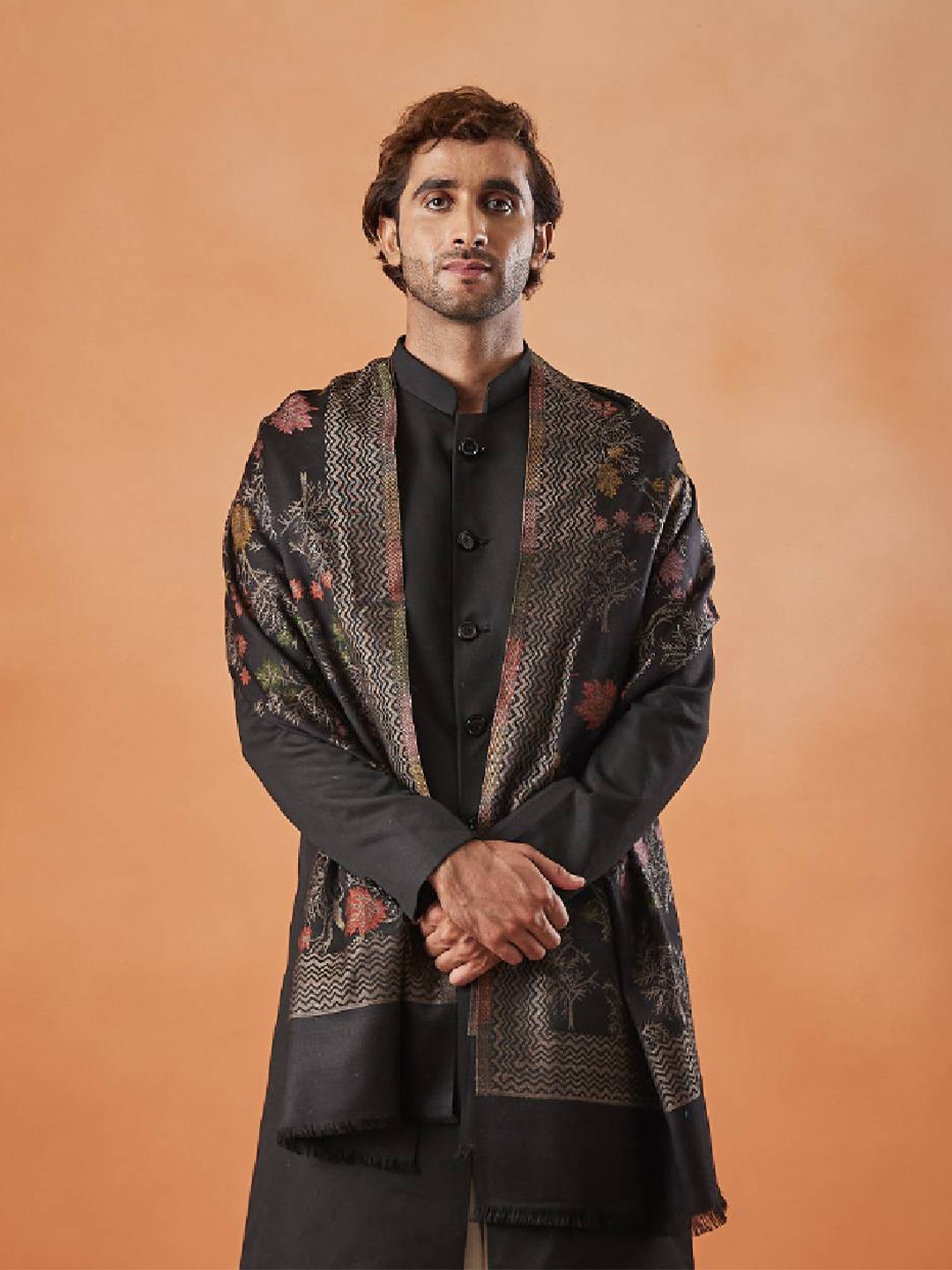 

Pashmoda Men Floral Woven Design Stole, Black