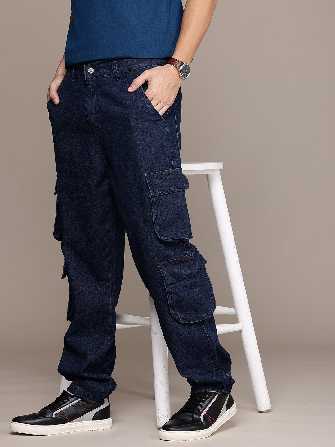 

French Connection Men Smart Relaxed Fit Pure Cotton Cargo Jeans, Navy blue