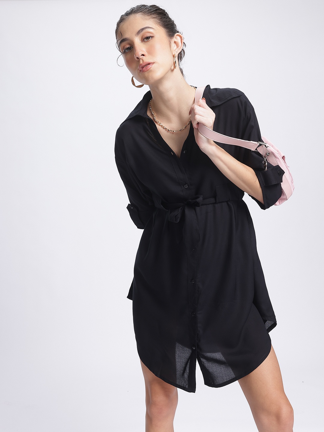 

DressBerry Midnight Muse Shirt-Style Dress Comes With a Belt, Black