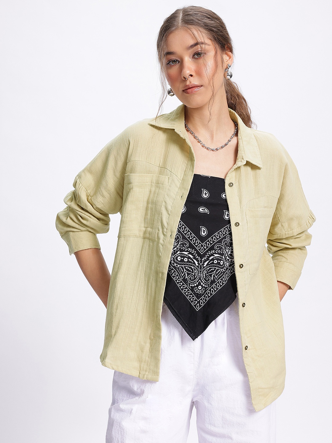 

DressBerry Subtle Charm Drop-Shoulder Sleeves Pure Cotton Shirt, Green