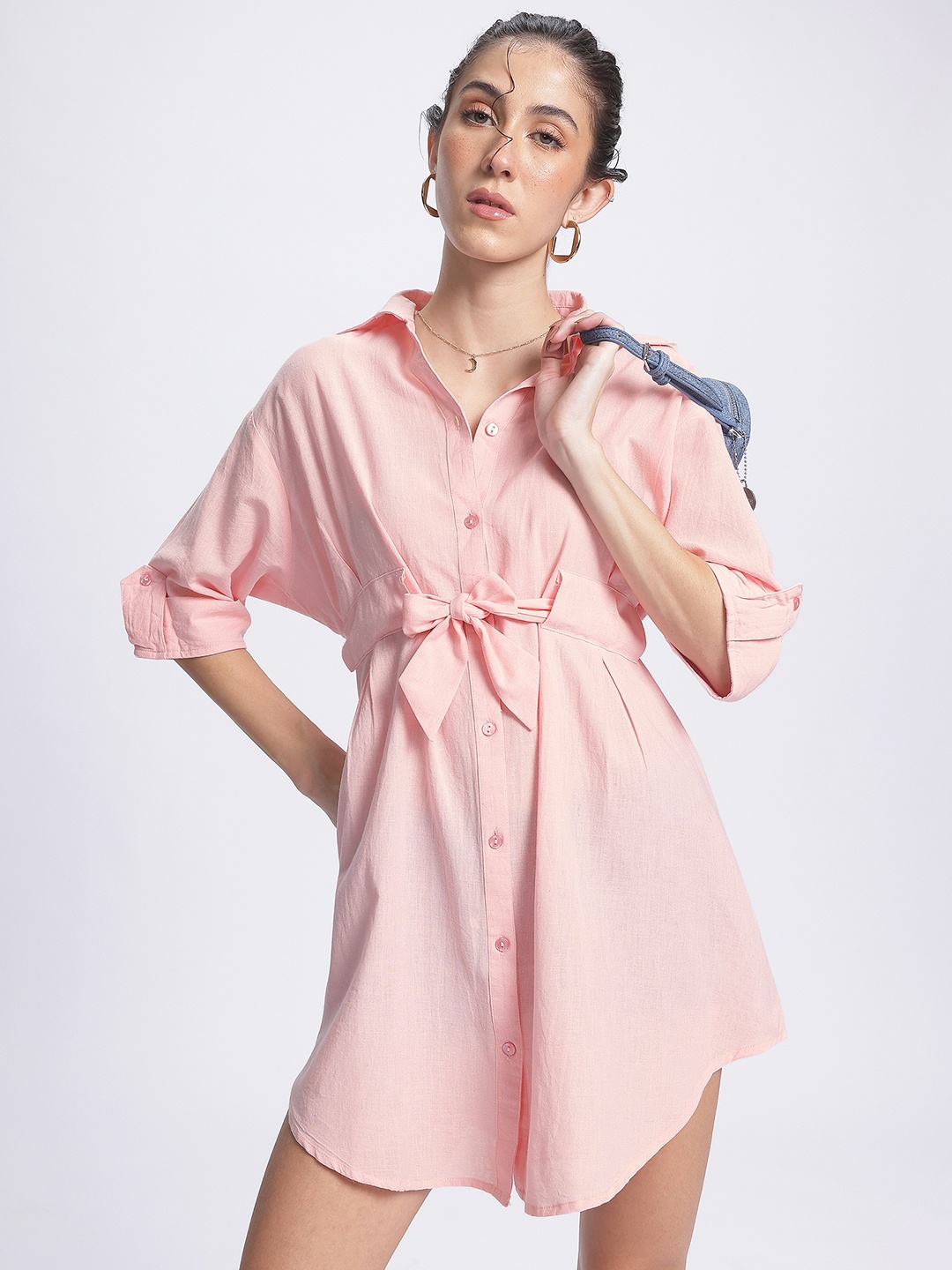 

DressBerry Pastel Power Shirt Style Dress Comes With a Belt, Pink