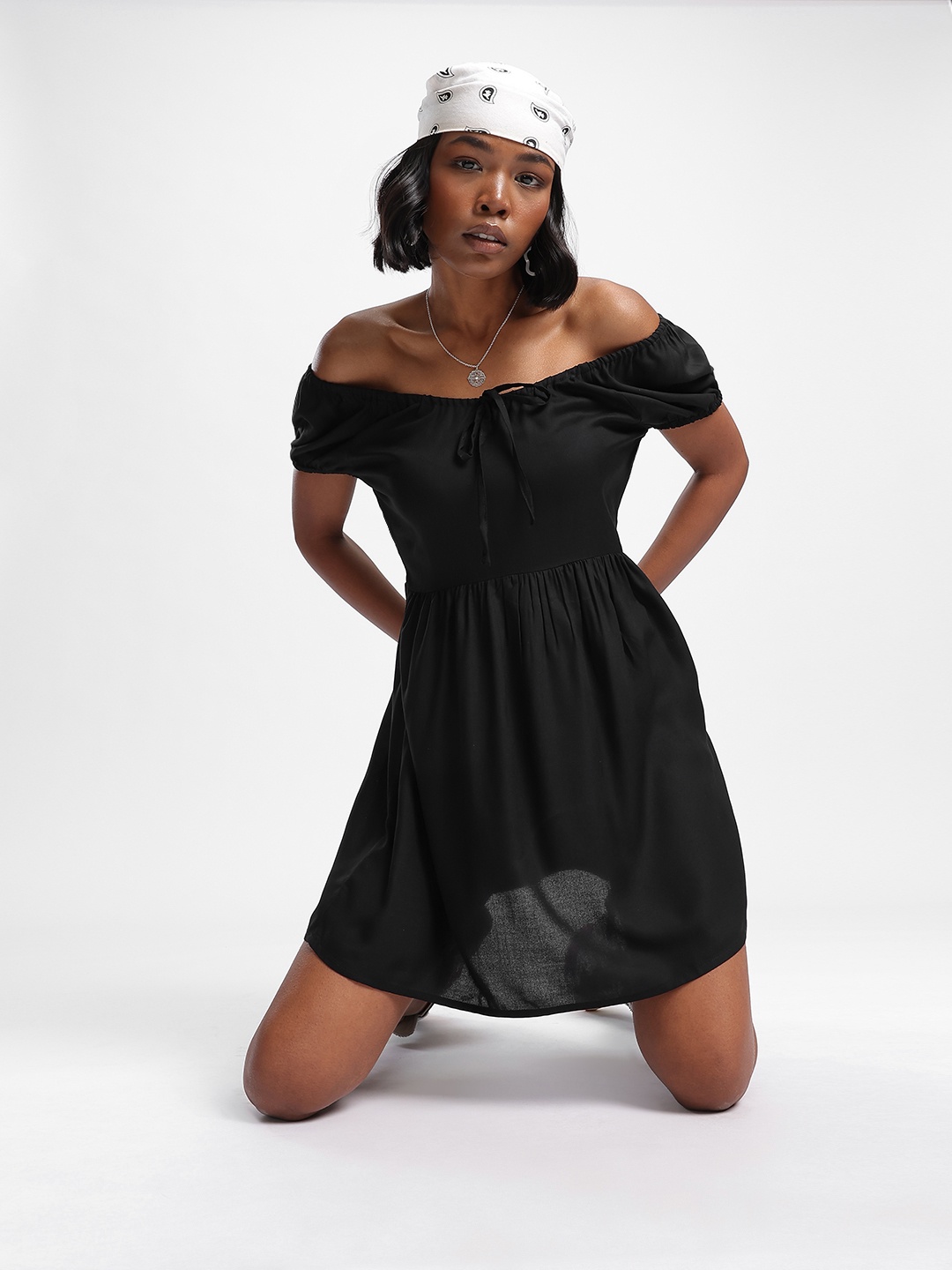 

DressBerry Luxury Cascade Off-Shoulder Mini A-line Dress, Black