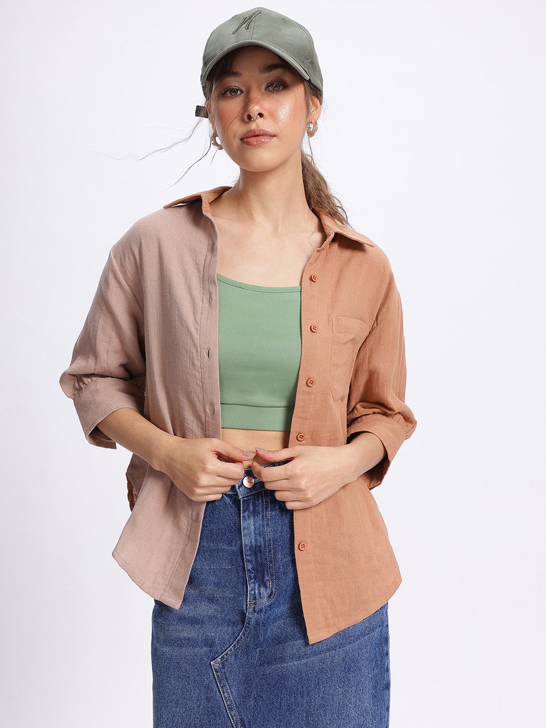 

DressBerry Contrast Palette Drop-Shoulder Sleeves Pure Cotton Shirt, Brown