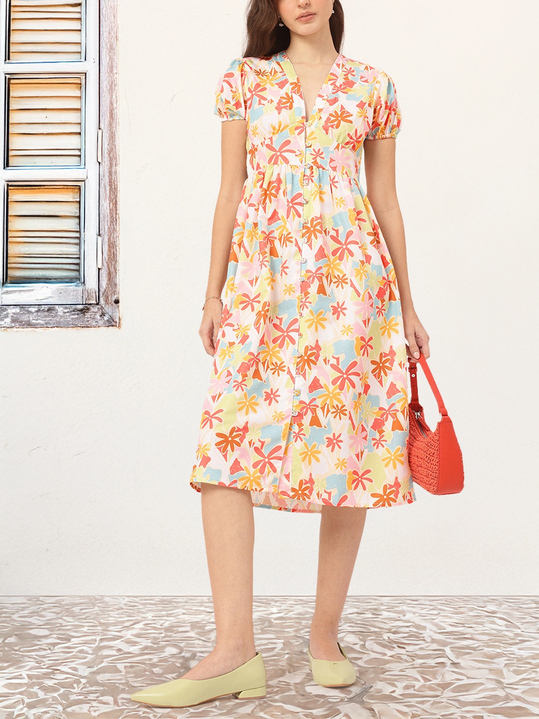 

DressBerry Romantic Revival Floral Print Midi Empire Dress, Yellow
