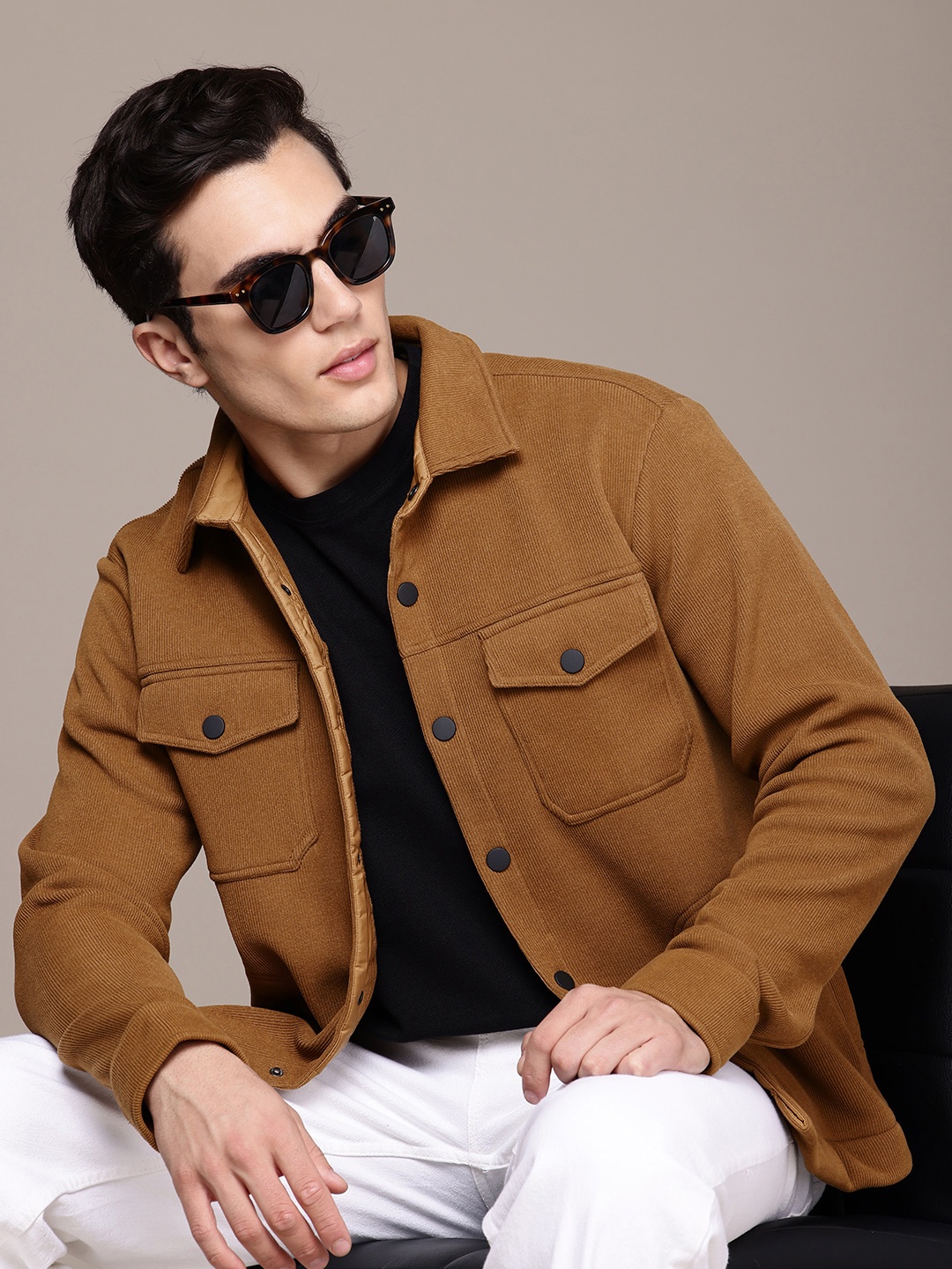 

French Connection Open Front Jacket with Flap Pockets, Camel brown