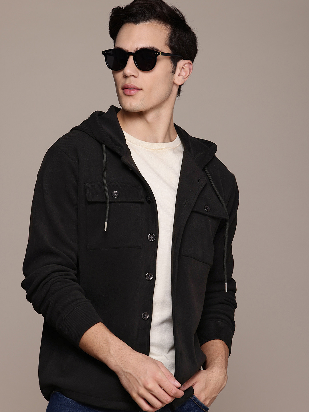 

French Connection Open Front Hooded Jacket, Black