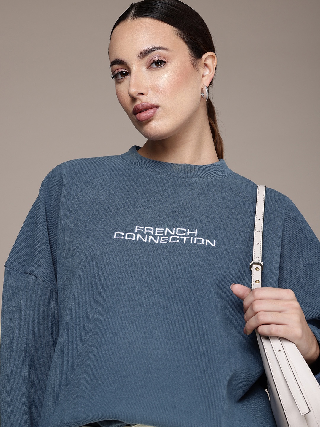 

French Connection Ribbed Drop-Shoulder Sleeve Crewneck Sweatshirt, Blue