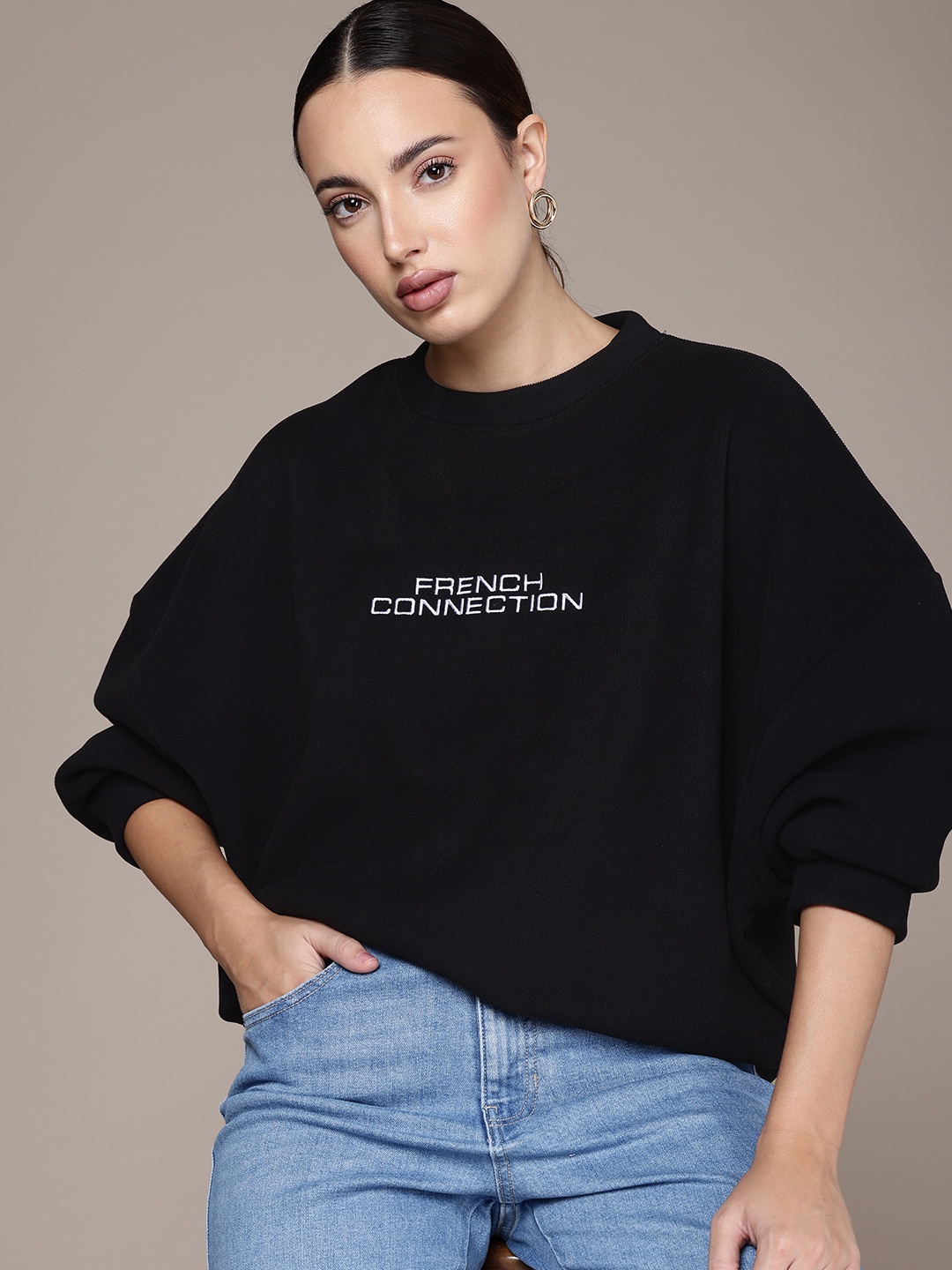 

French Connection Ribbed Drop-Shoulder Sleeve Crewneck Sweatshirt, Black