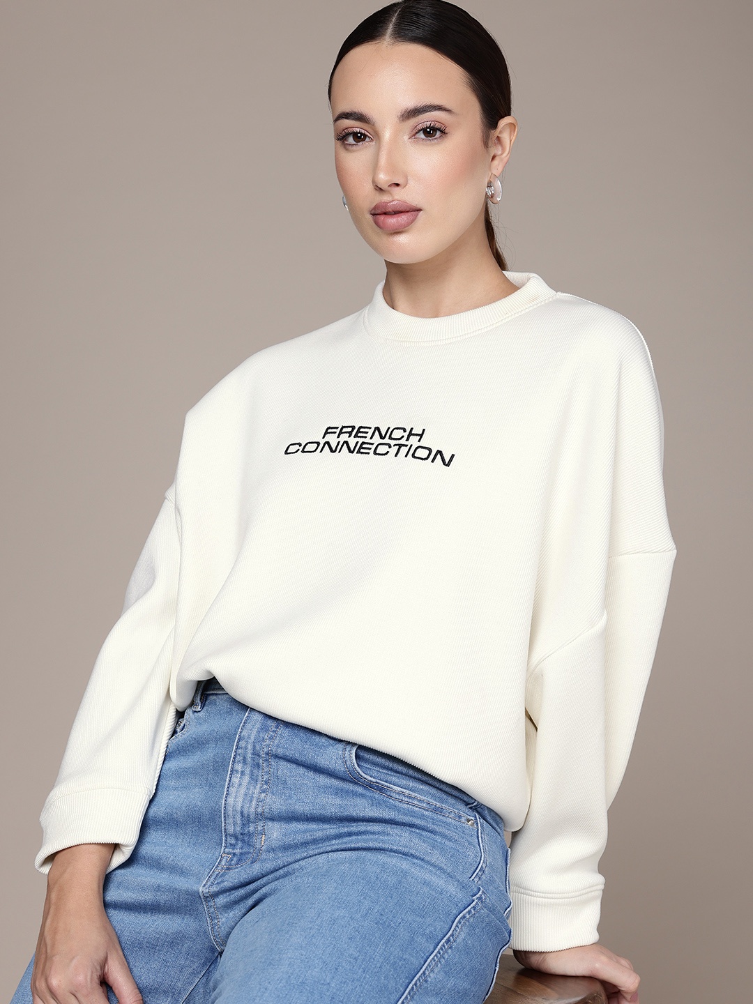 

French Connection Ribbed Drop-Shoulder Sleeve Crewneck Sweatshirt, White