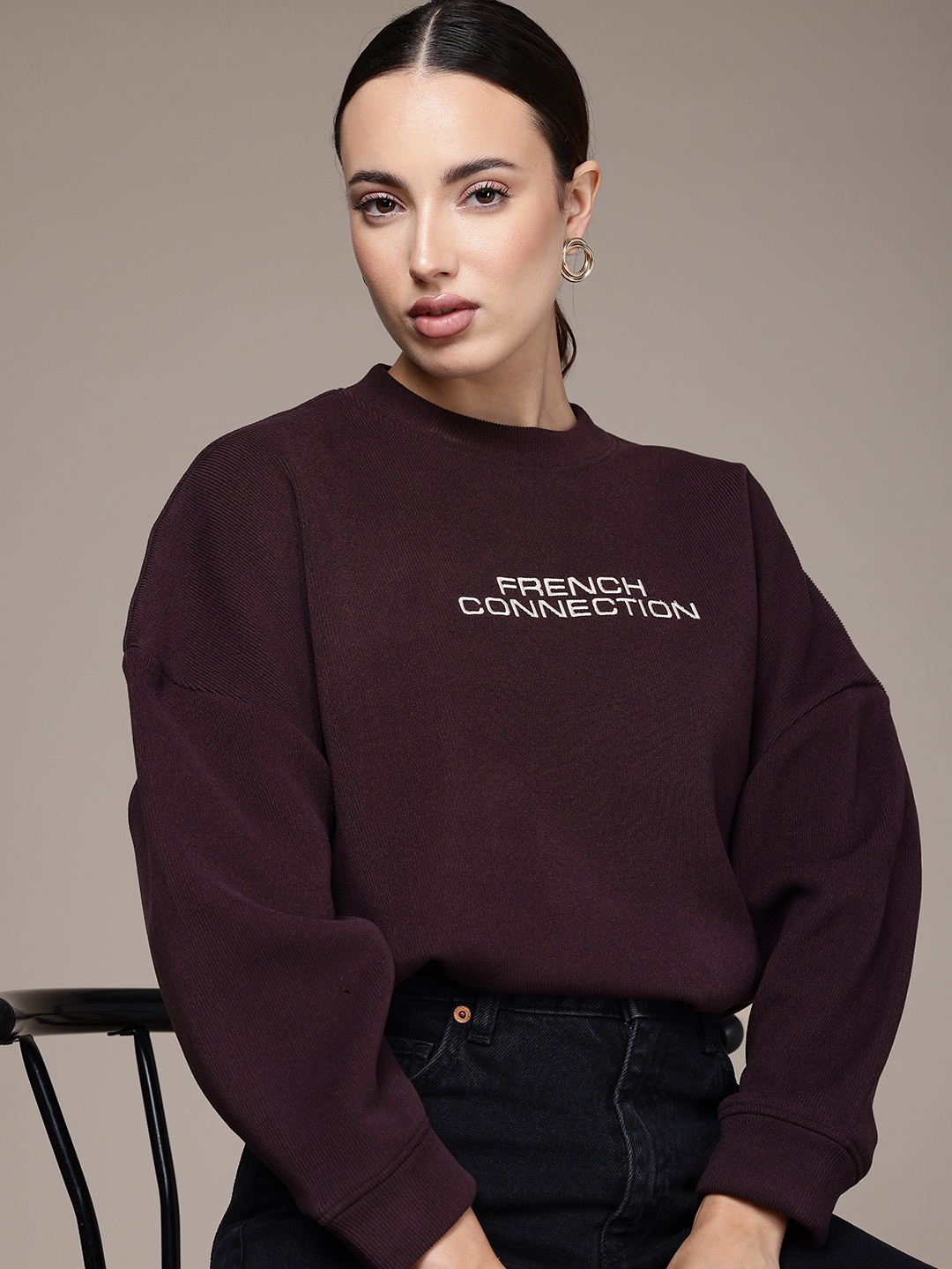 

French Connection Ribbed Drop-Shoulder Sleeve Crewneck Sweatshirt, Burgundy