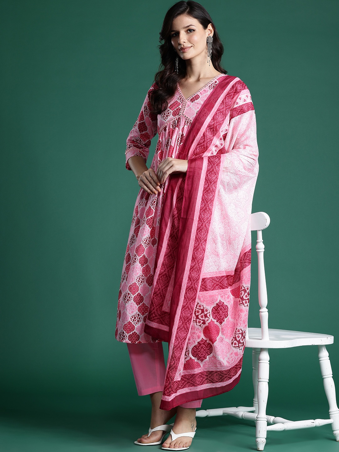 

Indo Era Printed Empire Mirror Work Pure Cotton Kurta With Trousers & Dupatta, Pink
