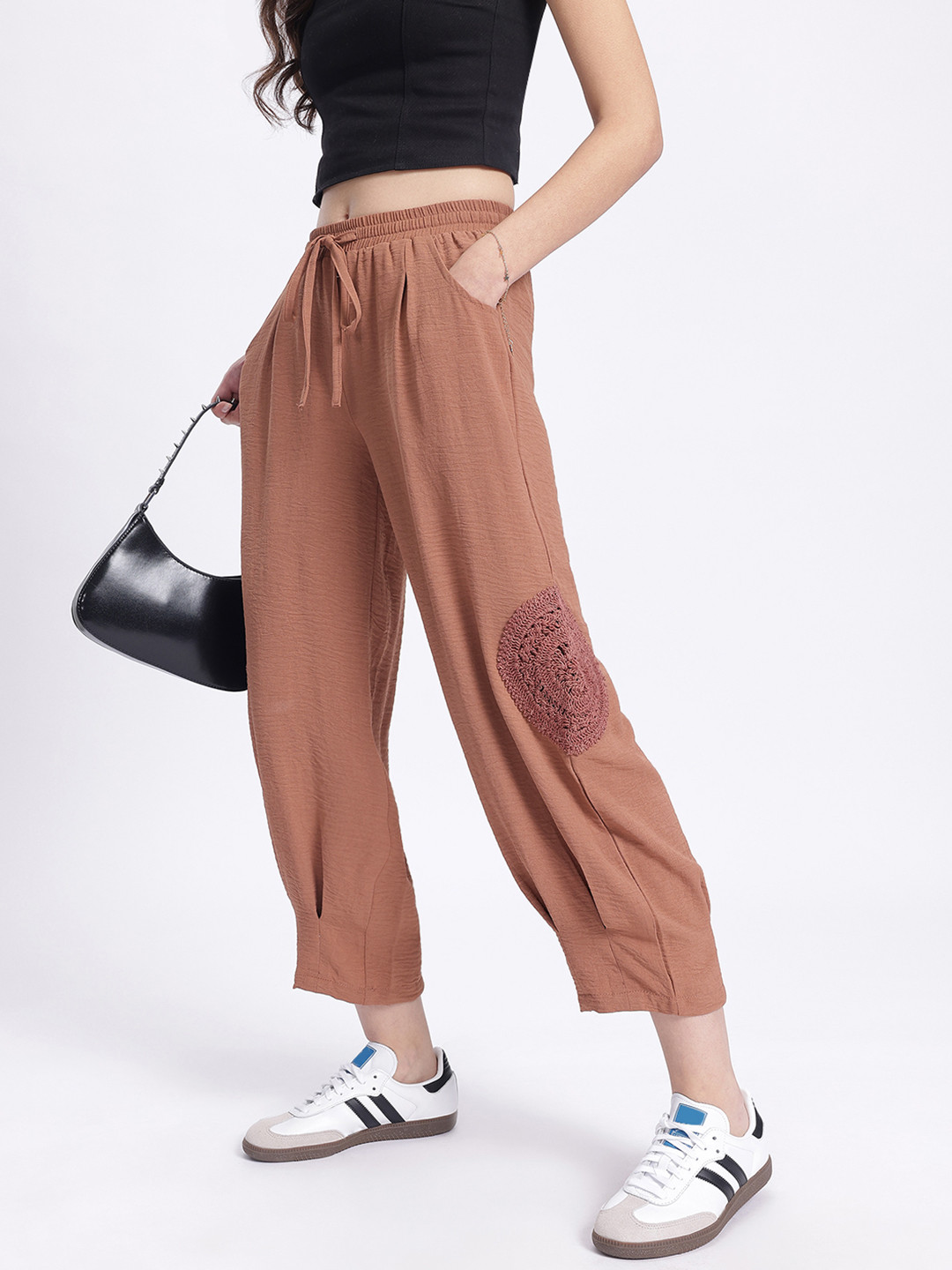 

DressBerry Women Easy Elegance Crochet Patchwork Crop Pleated Trousers, Brown