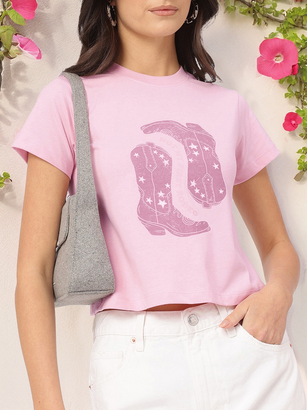 

DressBerry Selfie Statement Printed Crop T-shirt, Pink