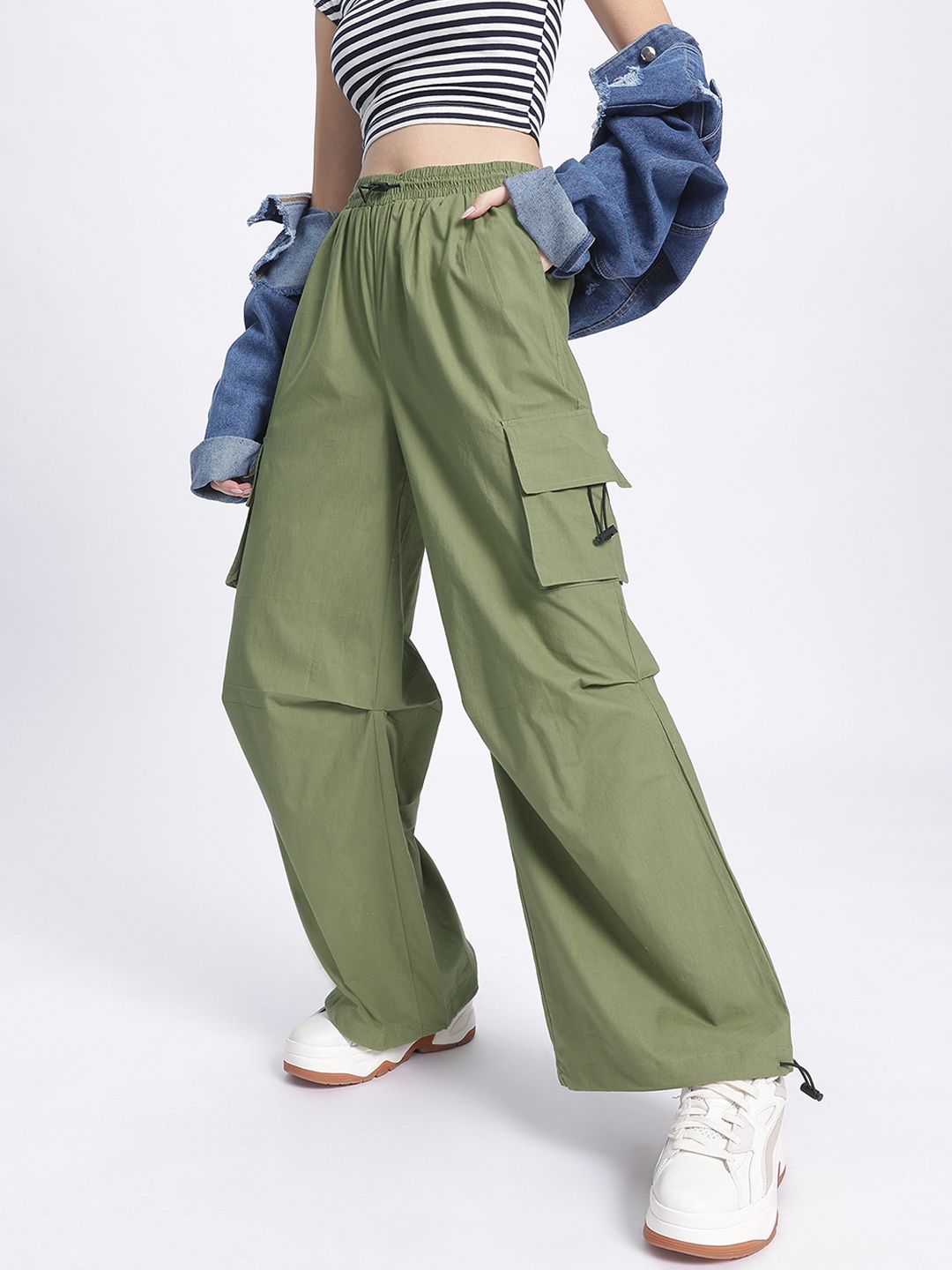 

DressBerry Women Utility Chic Cargo Style Parachute Trousers, Olive