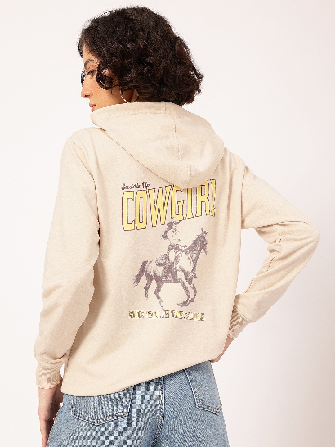 

DressBerry Cowgirl Dreams Printed Hooded Drop-Shoulder Sweatshirt, Beige