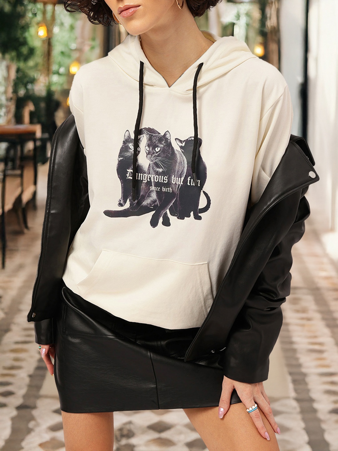 

DressBerry Meow Mode Printed Hooded Sweatshirt, Off white