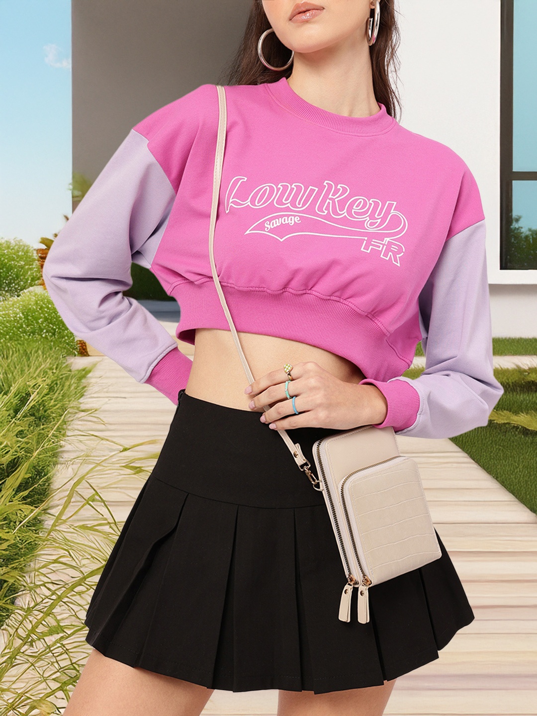 

DressBerry Streetwear Staple Typo Print Contrast Sleeves Crop Sweatshirt, Pink