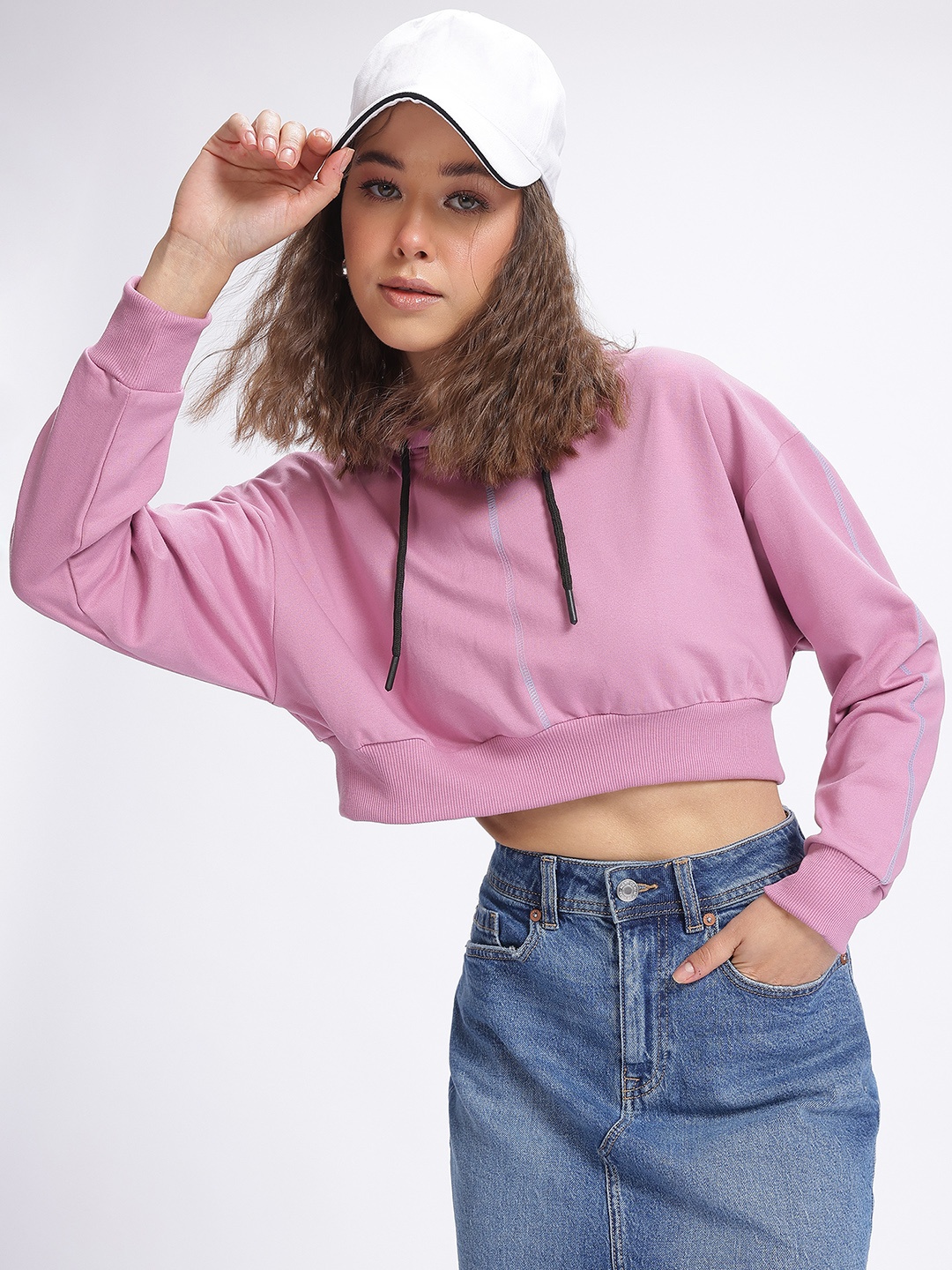 

DressBerry Versatile Stitch Drop-Shoulder Sleeves Crop Hooded Sweatshirt, Mauve