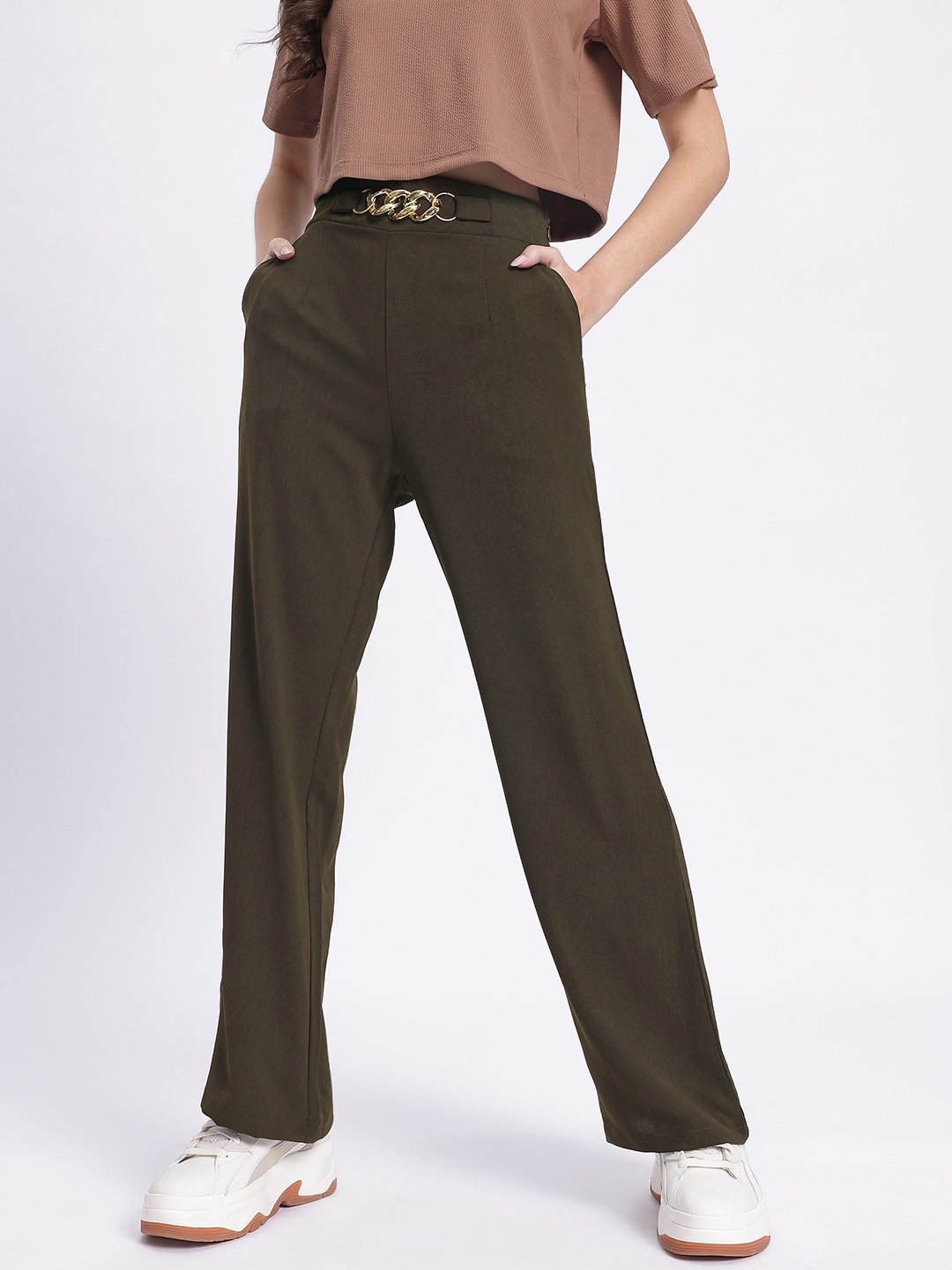 

DressBerry Women Versatile Vibes Textured Buckled Trousers, Olive