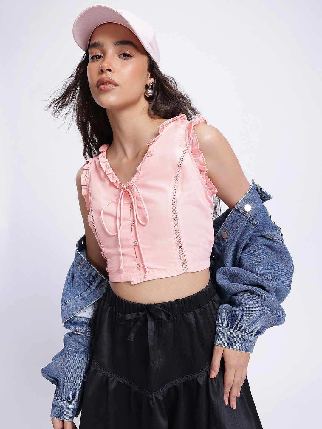 

DressBerry Ruffle Ready Tie-Up Button Front Crop Top, Pink