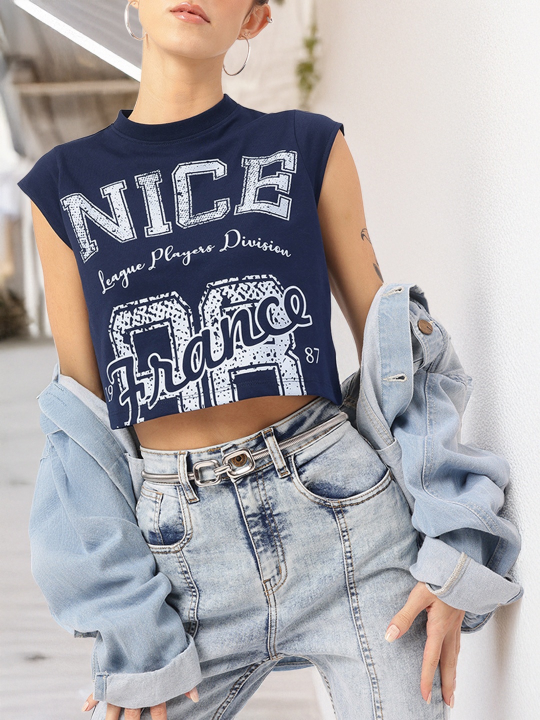 

DressBerry Trendy Ease Typography Printed Crop Tee, Navy blue