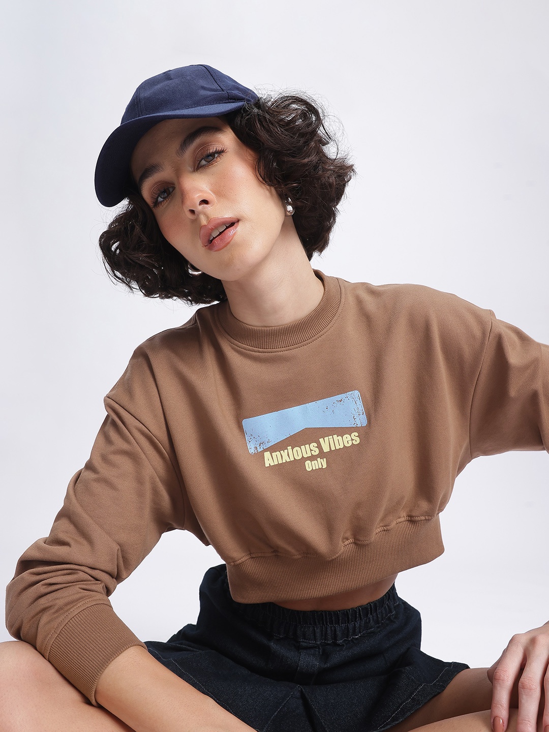 

DressBerry Printed Cropped Boxy Sweatshirt, Brown