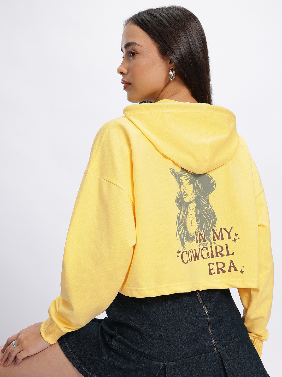 

DressBerry Cowgirl Dreams Printed Drop-Shoulder Hooded Crop Sweatshirt, Yellow