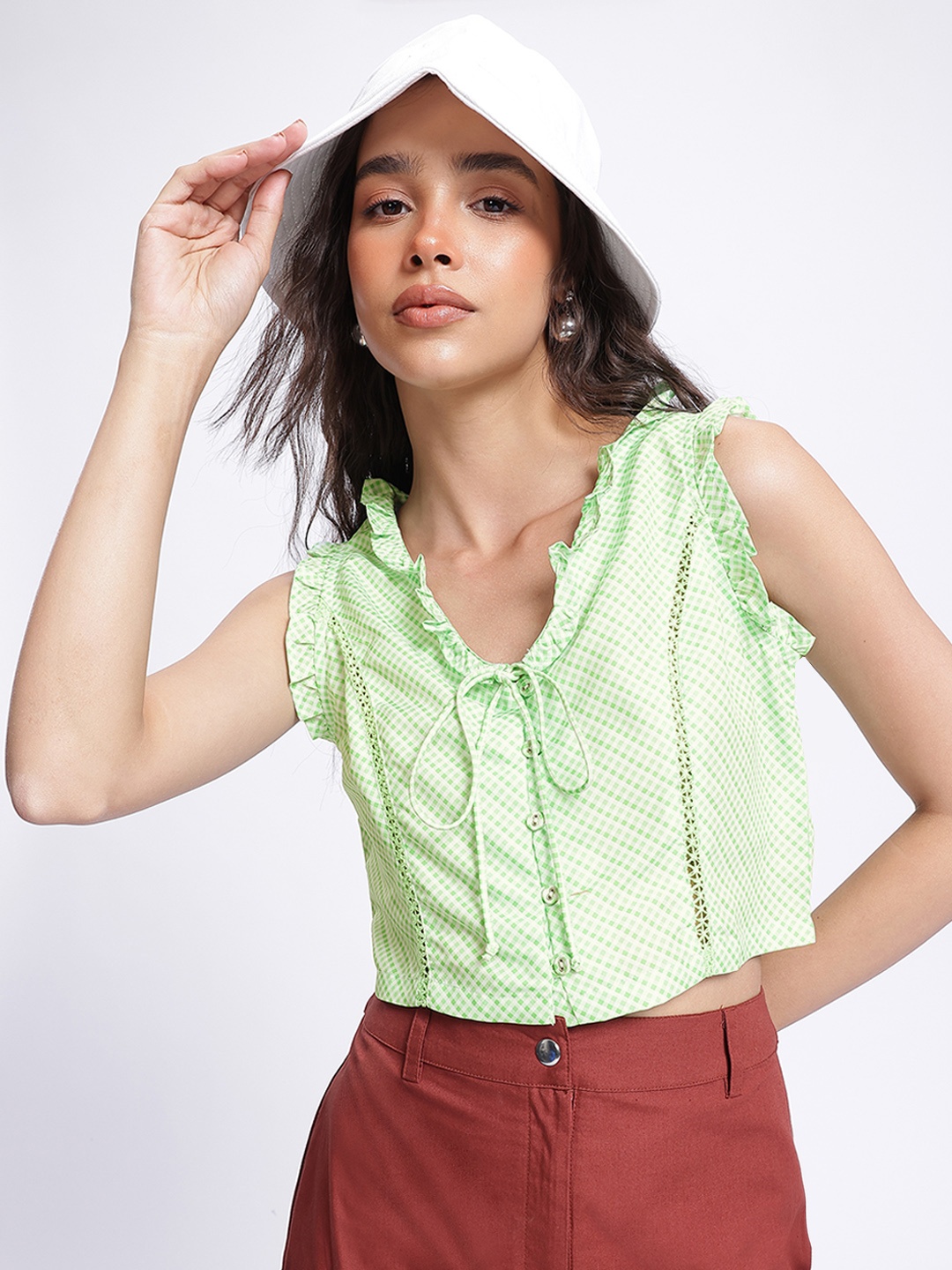 

DressBerry Summer Checks Ruffled Tie-Up Button-Up Crop Top, Green