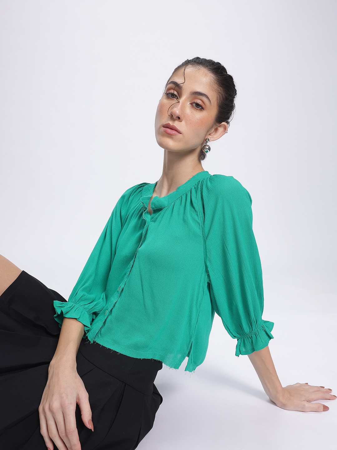 

DressBerry Imperfectly Perfect Raw Edges Shirt-Style Top, Green