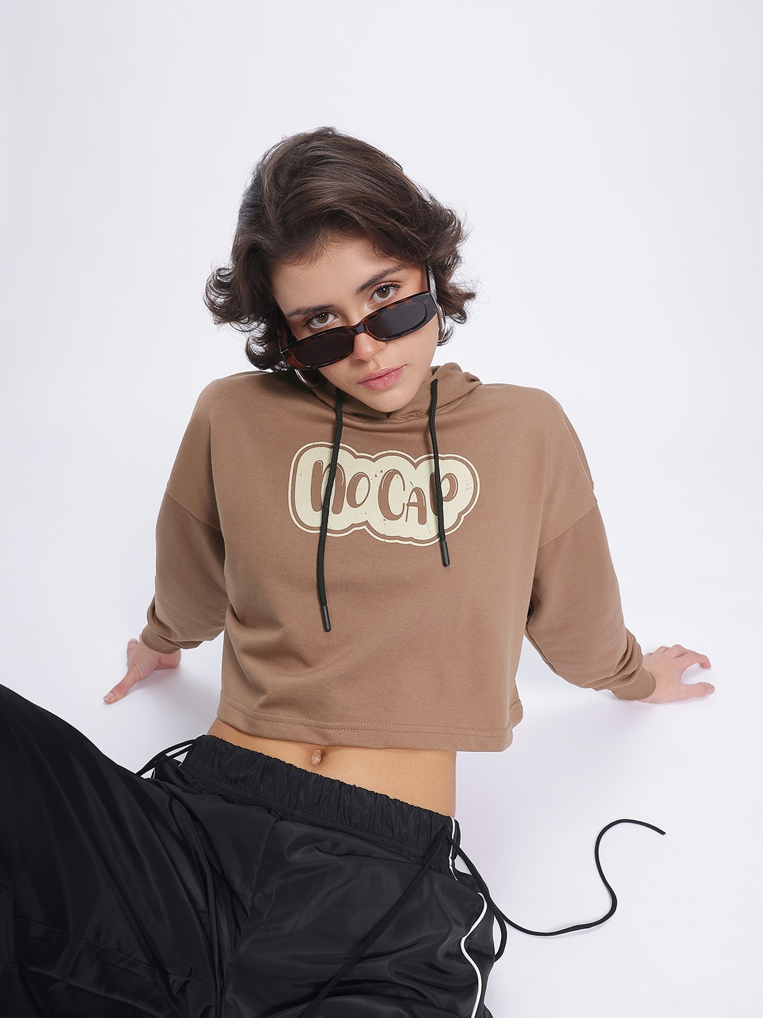 

DressBerry Printed Cropped Boxy Hooded Sweatshirt, Brown