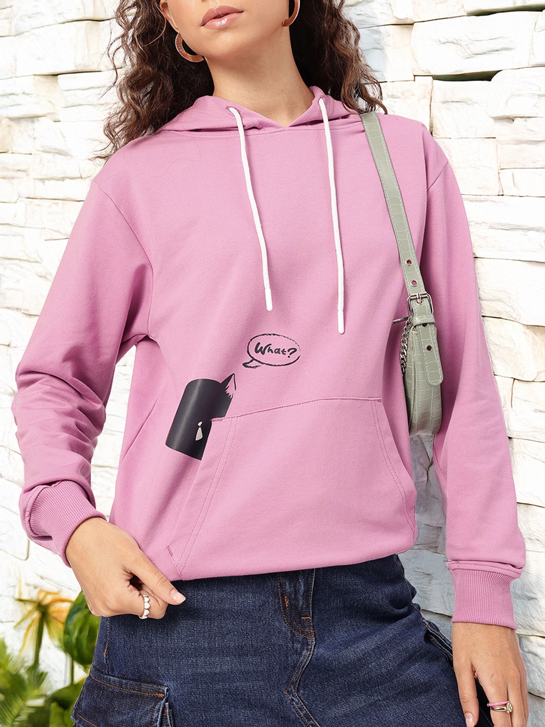 DressBerry Meow Mode Hooded Drop-Shoulder Sweatshirt, Pink