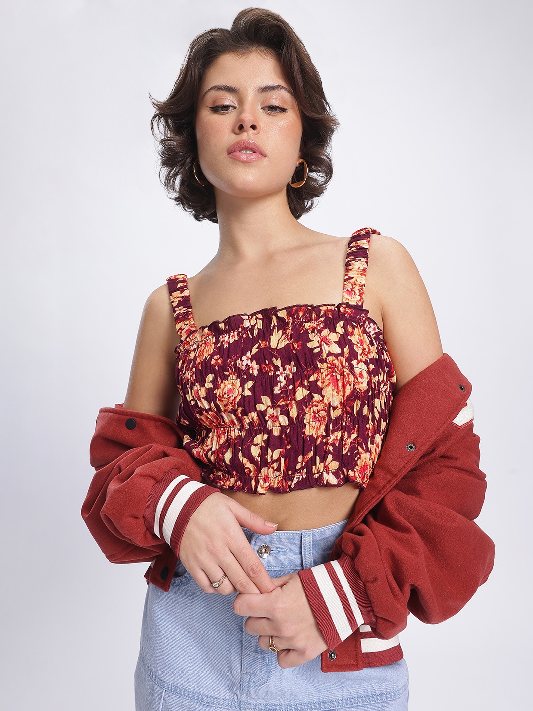 

DressBerry Floral Frenzy Printed Smocked Frill Detail Crop Top, Maroon