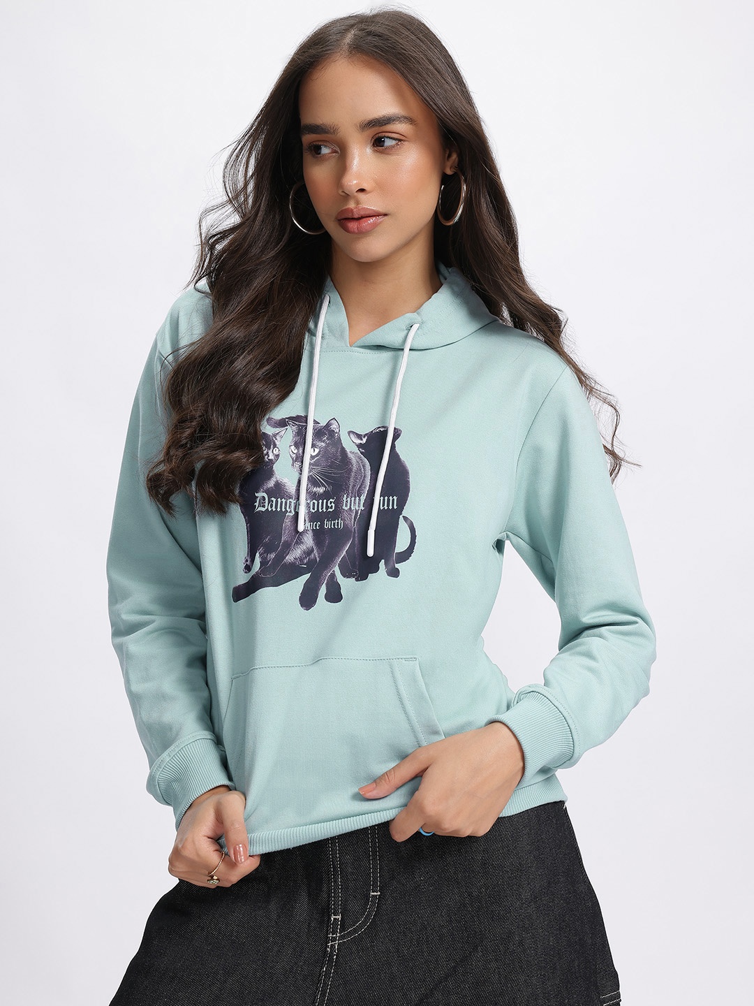 

DressBerry Vintage Cat Graphic Hooded Sweatshirt, Blue