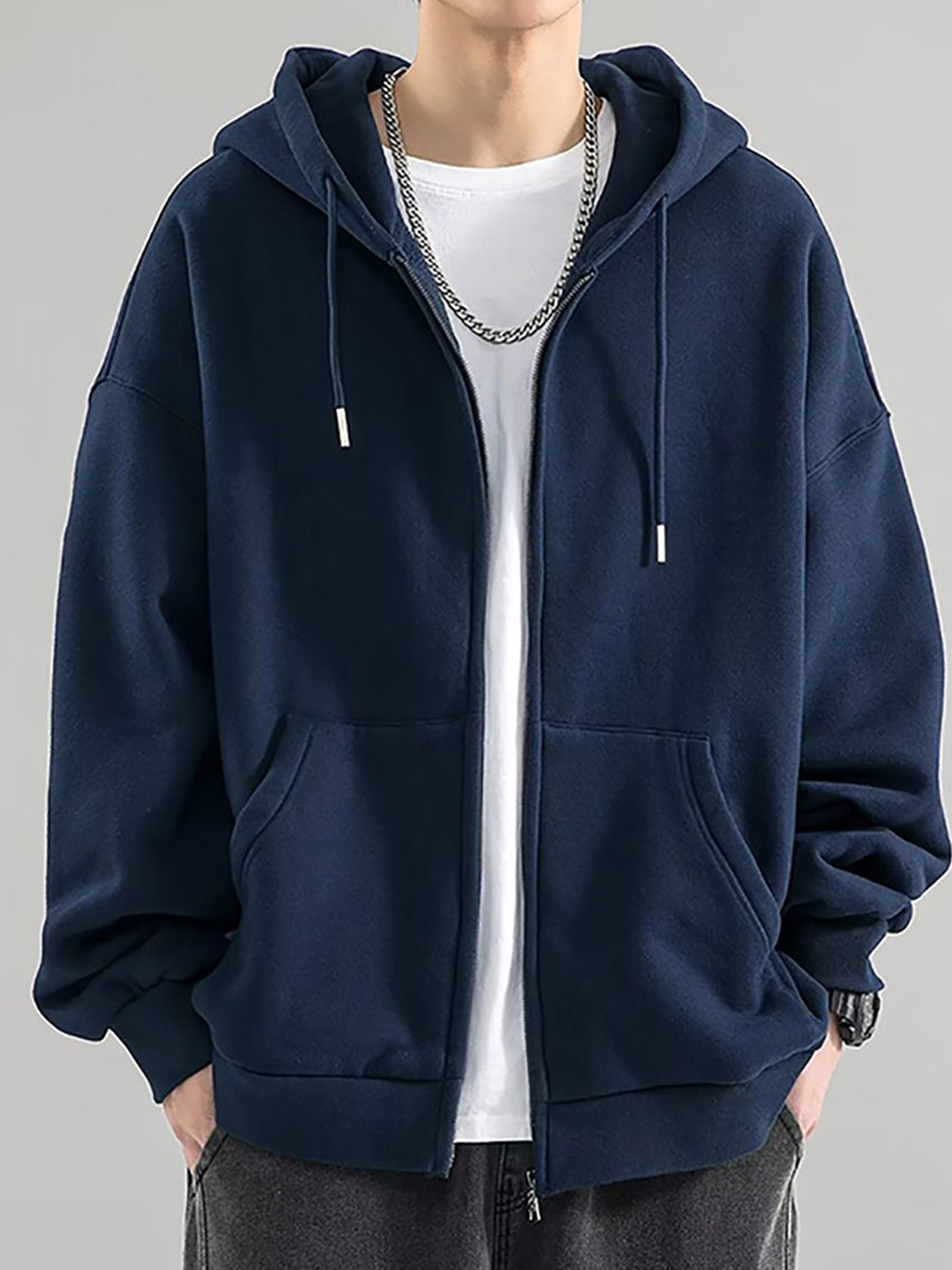 

StyleCast x Revolte Men Solid Hood Front-Open Sweatshirt, Navy blue