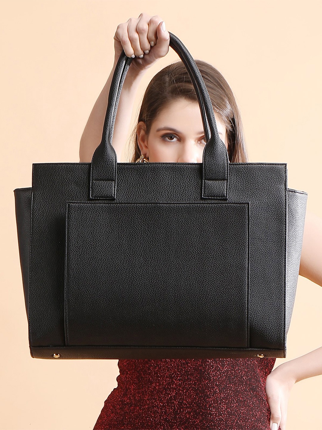ALL ABOUT HER PU Oversized Shopper Tote Bag with Applique, Black