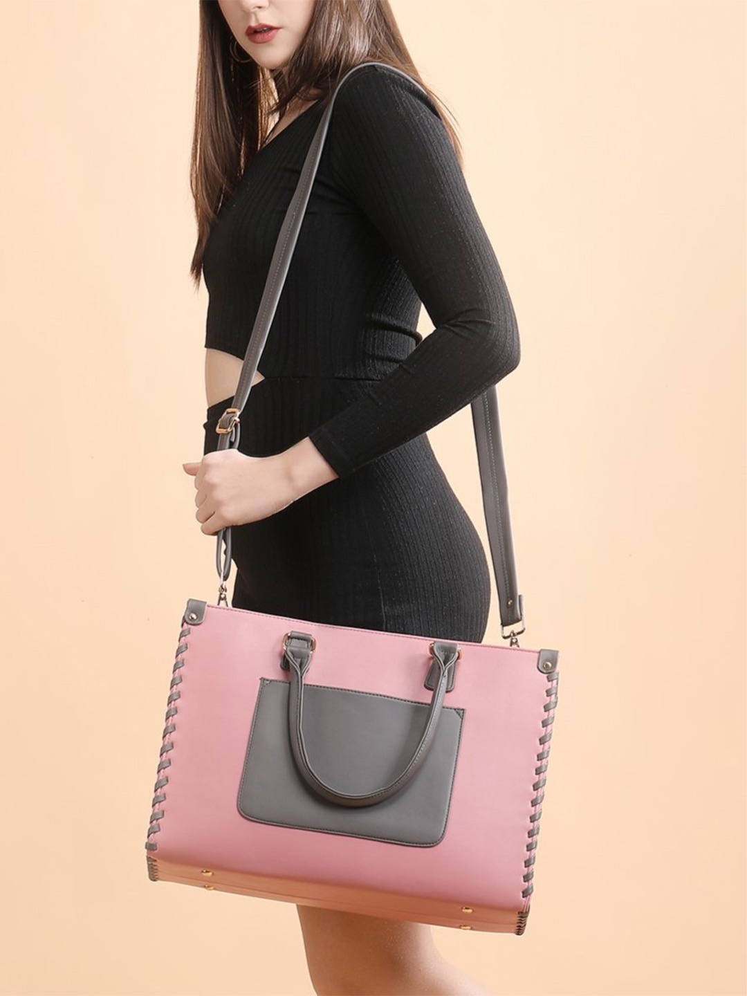 

ALL ABOUT HER Colourblocked PU Half Moon Tote Bag, Pink