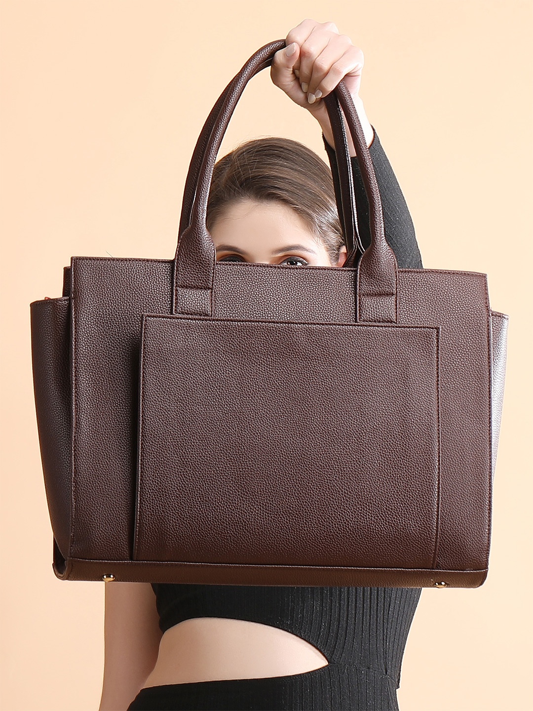 ALL ABOUT HER Women PU Oversized Structured Tote Bag with Applique, Brown