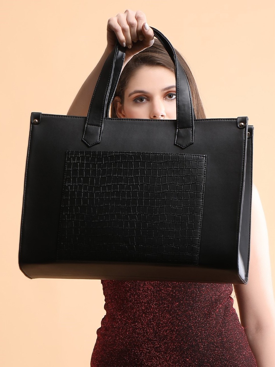 

ALL ABOUT HER Textured PU Oversized Structured Tote Bag with Cut Work, Black