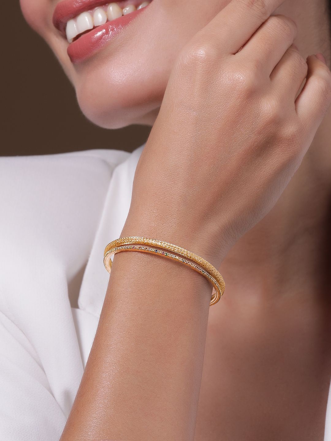 

Rubans 22KT Gold Plated Baguette-Cut AD & CZ Studded Double Layered Wraparound Bracelet