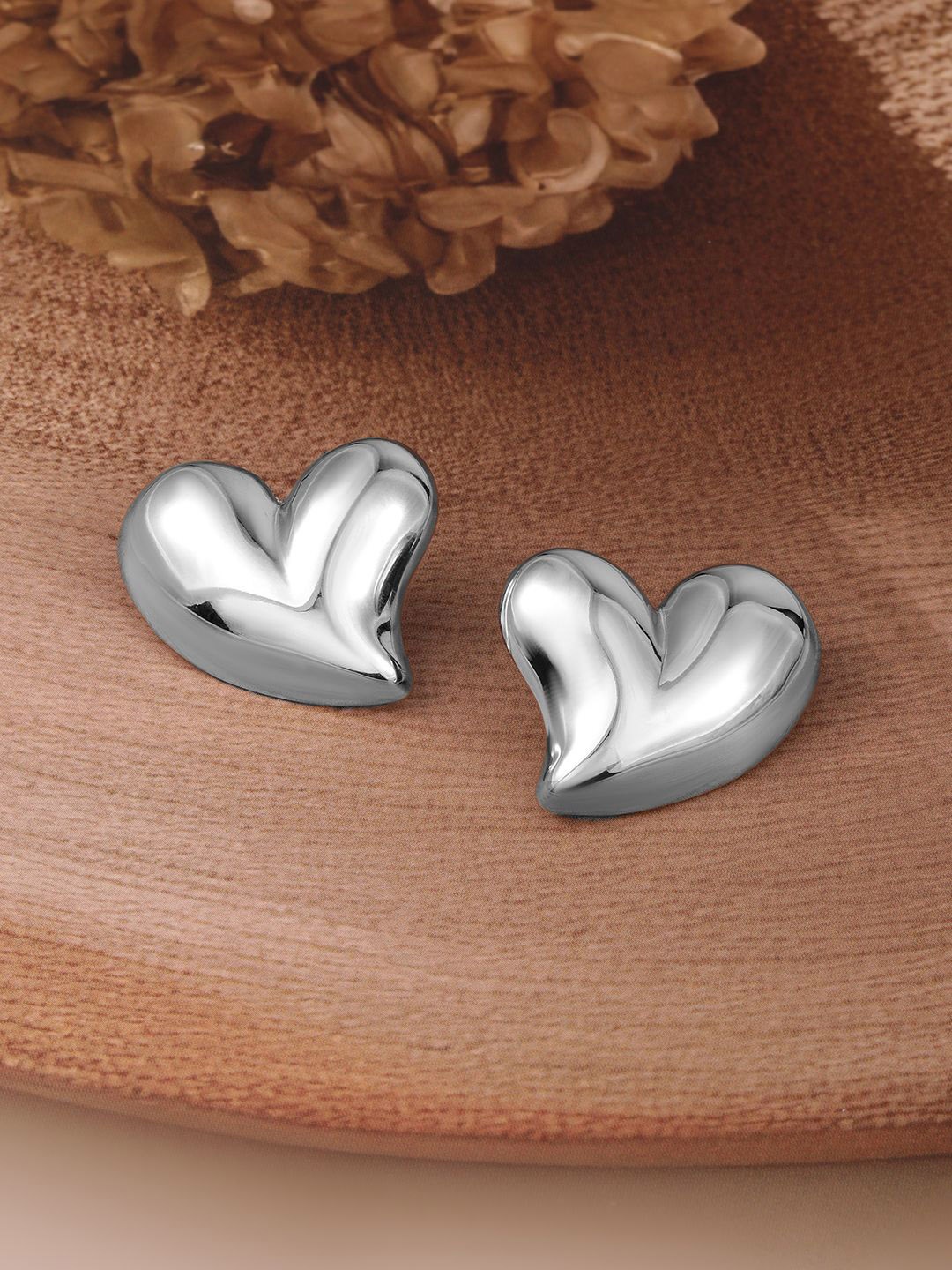 

Rubans Rhodium-Plated Stainless Steel Tarnish Free Waterproof Demi-Fine Heart Shaped Studs, Silver