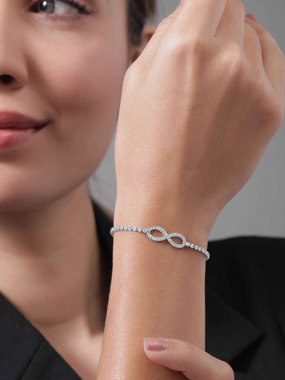 

Rubans Rhodium Plated Cubic Zirconia Studded Premium Charm Bracelet, Silver