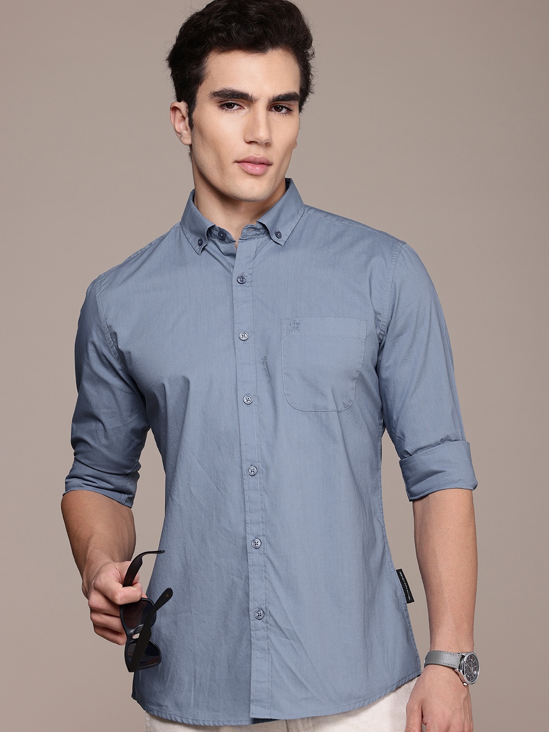

French Connection Men Smart Slim Fit Pure Cotton Casual Shirt, Blue