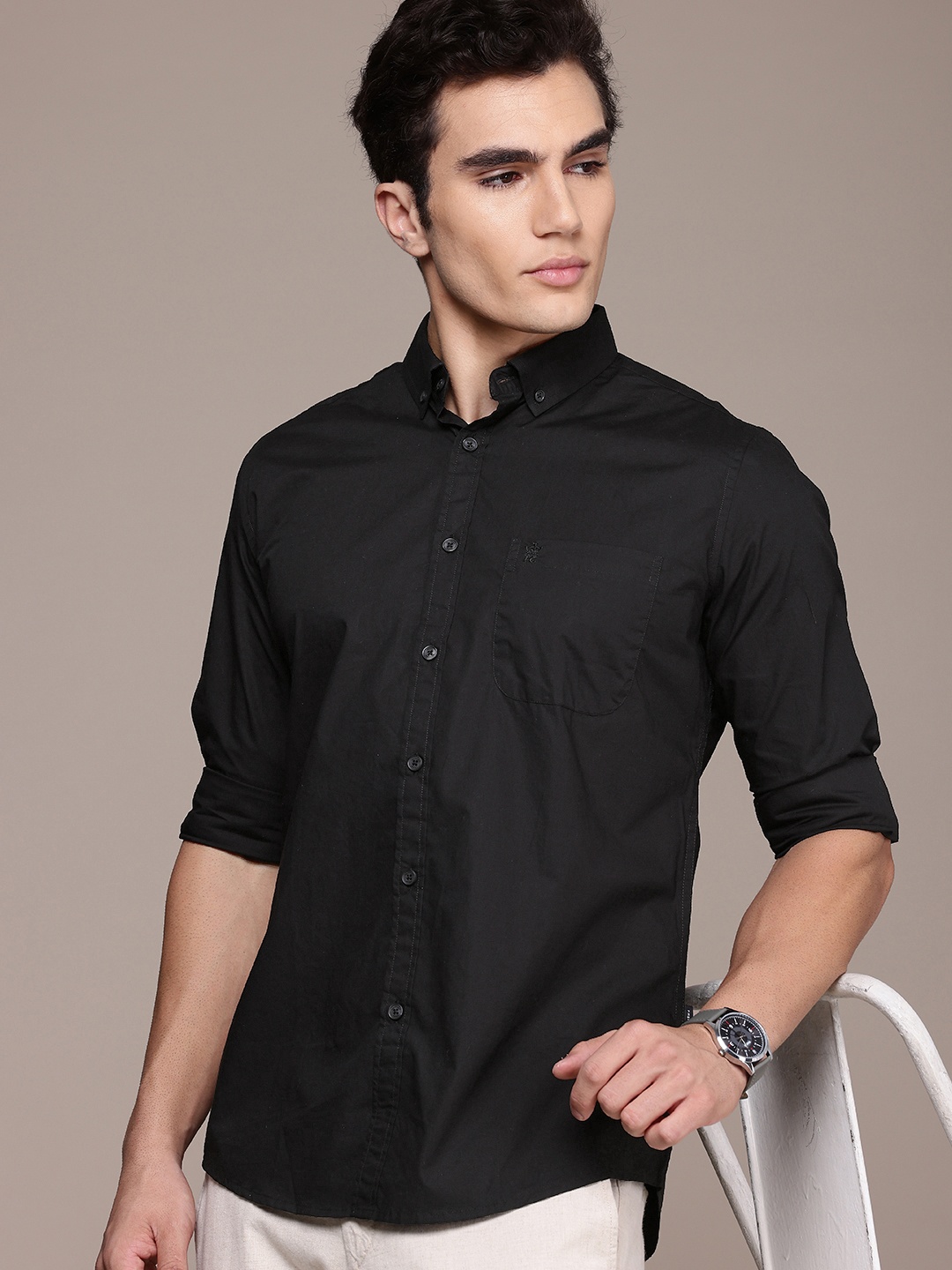 

French Connection Men Smart Slim Fit Pure Cotton Casual Shirt, Black