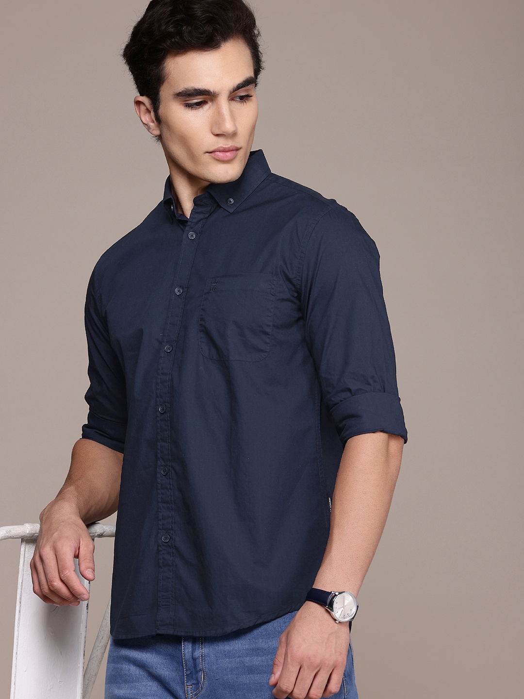 

French Connection Men Smart Slim Fit Pure Cotton Casual Shirt, Navy blue