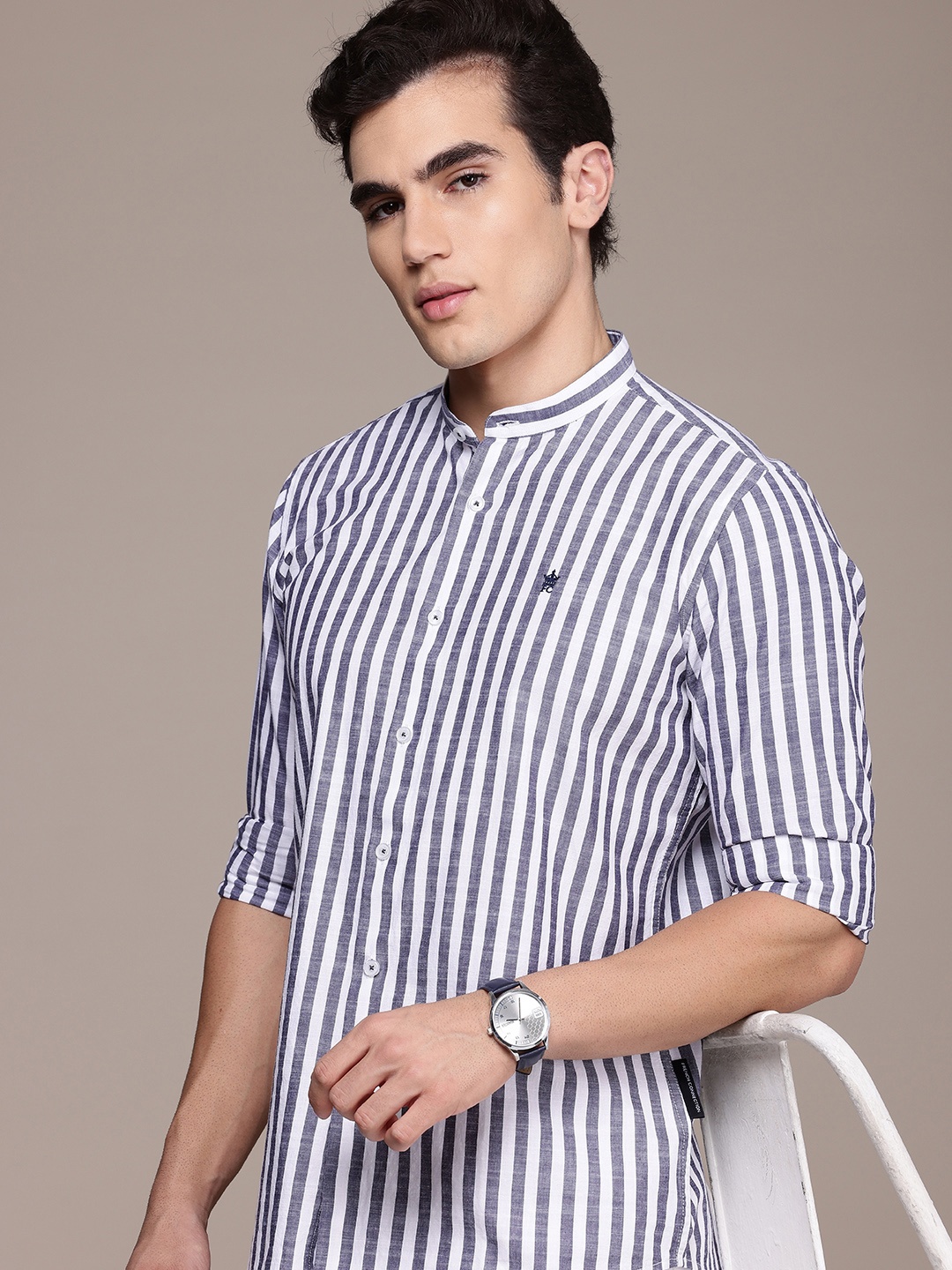 

French Connection Men Smart Slim Fit Pure Cotton Slub Casual Shirt, Navy blue