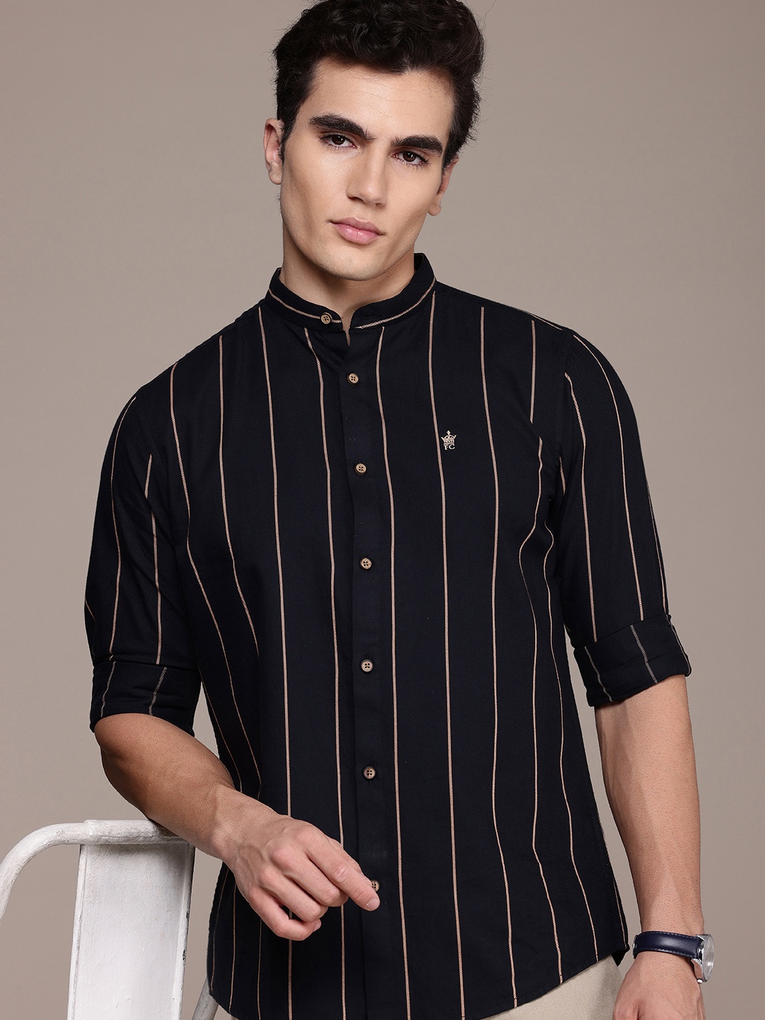 

French Connection Men Smart Slim Fit Striped Pure Cotton Casual Shirt, Black