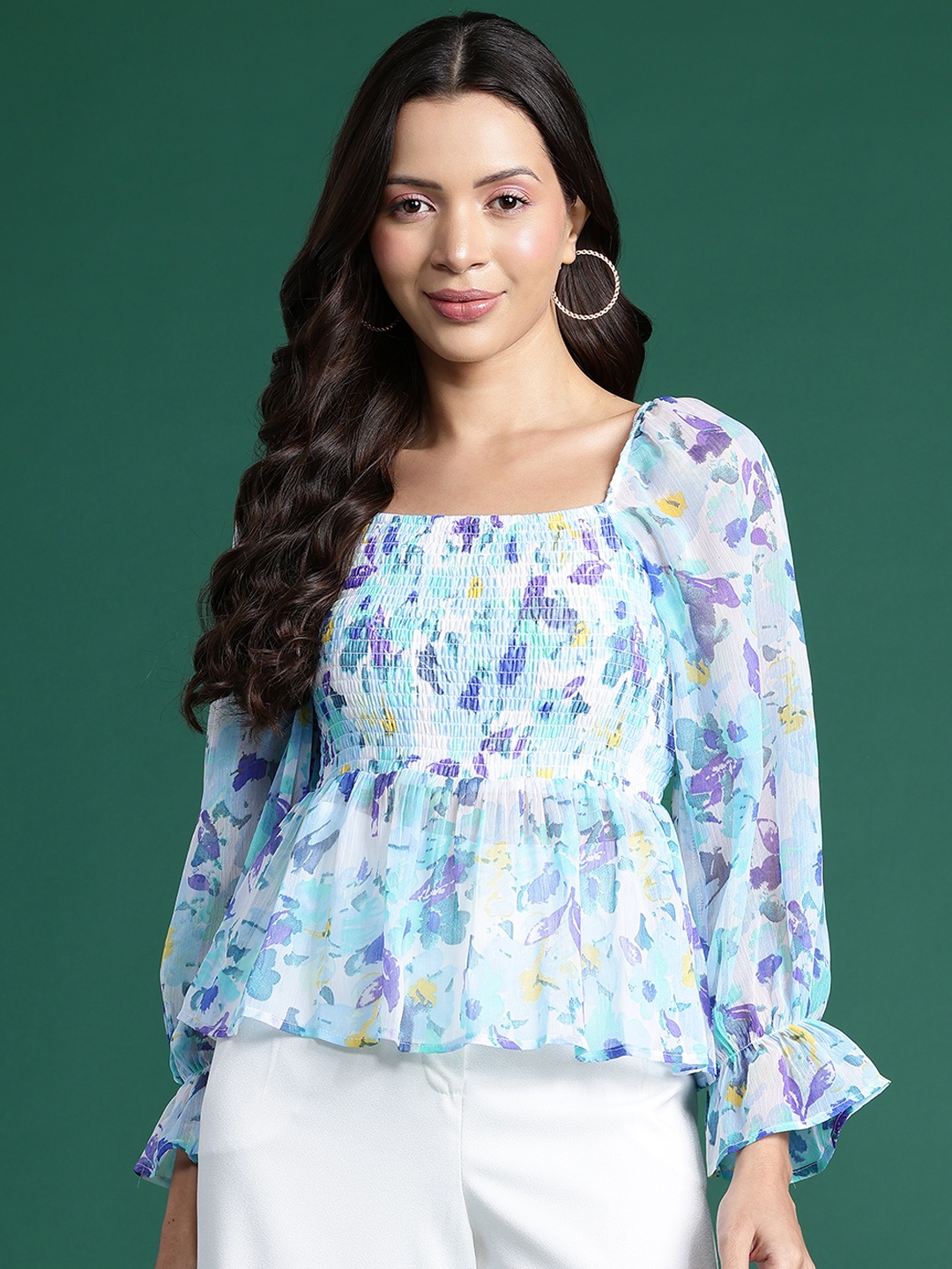 

DressBerry Floral Print Puff Sleeves Georgette Peplum Top, Blue